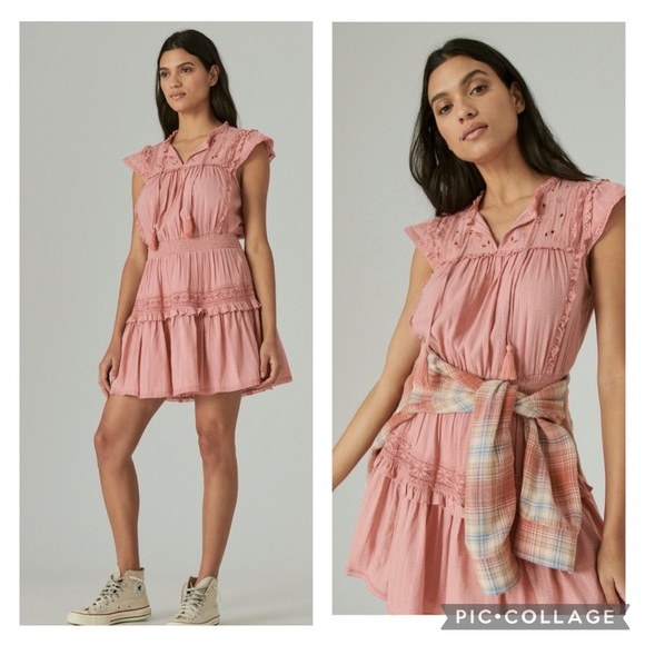 Lucky Brand Pink Lacey Ruffled Tiered Boho Peasant Dress Size Small - Picture 3 of 15